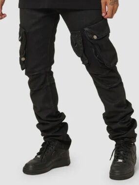 MNML Mens Waxed Black Cargo Pants, Size 33